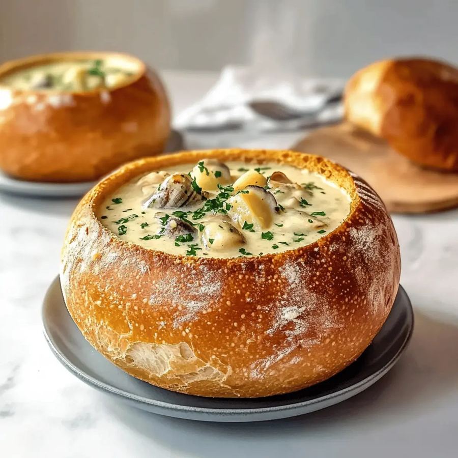 Clam Chowder in a Sourdough Bread Bowl in San Francisco